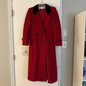 Vintage Evan-Picone Red 100% Wool Double Breasted Coat With Black Velvet Collar